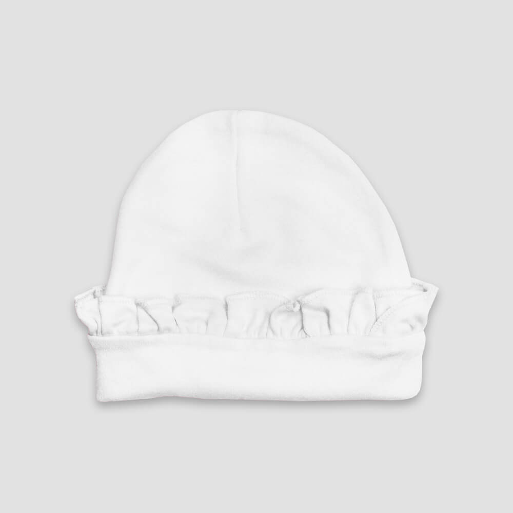 Baby Beanie With Ruffles – Polyester Cotton Blend White - LG3037W - The Laughing Giraffe®