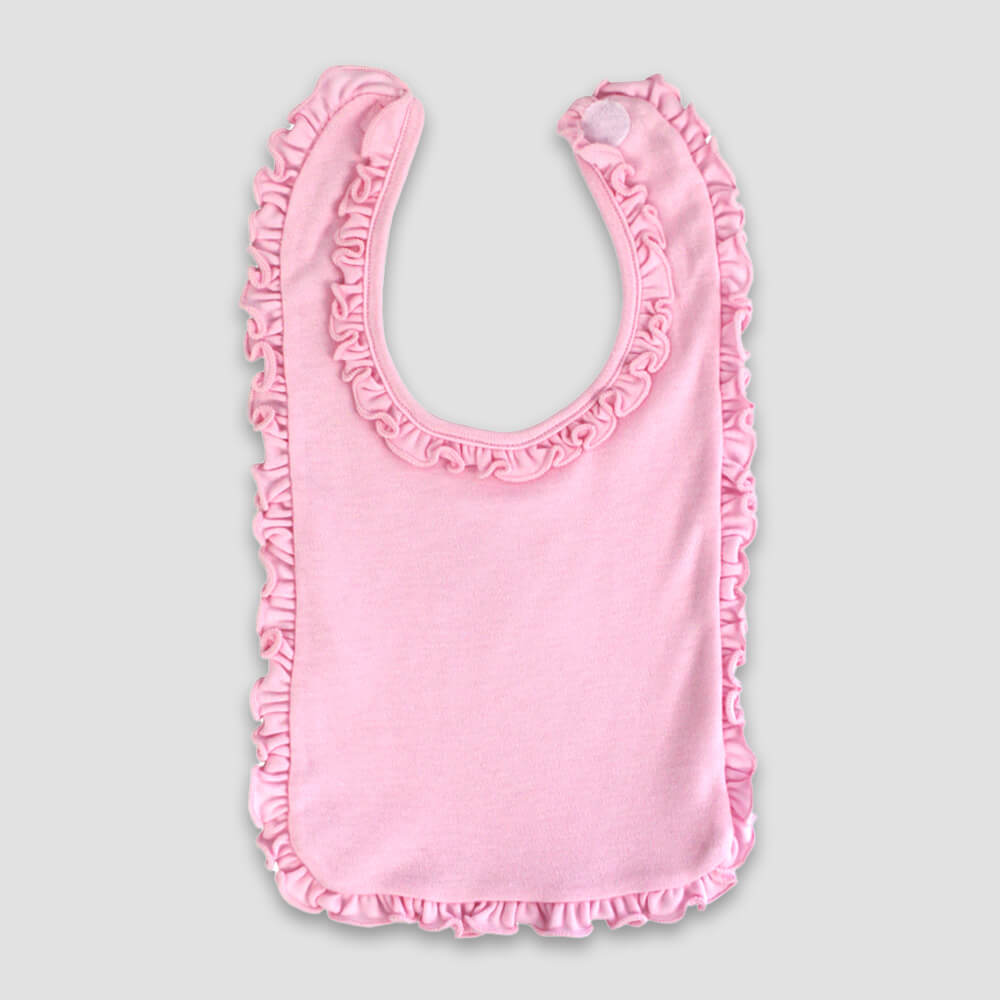 Baby Ruffle Bibs – 2 Ply – Polyester Cotton Blend Pink open - LG3467P - The Laughing Giraffe®