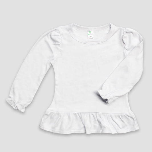 Toddler & Kids Long Sleeve Ruffle T-Shirts – White – Polyester Cotton Blend - LG3567W - The Laughing Giraffe®